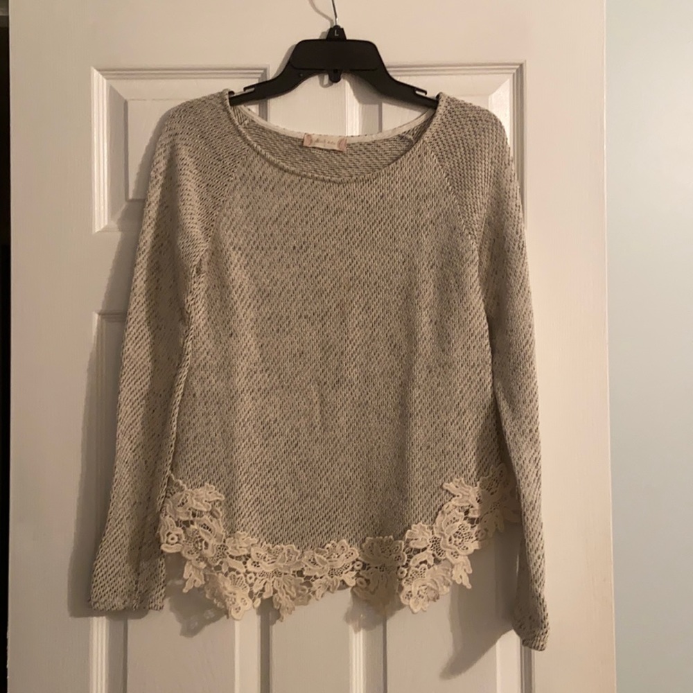 Cream and grey sweater with lace bottom